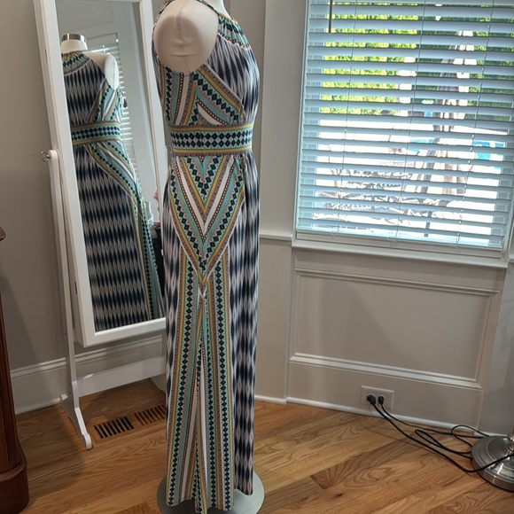 London Times Blue and White Halter Sheath Maxi Dress - Picture 4 of 8